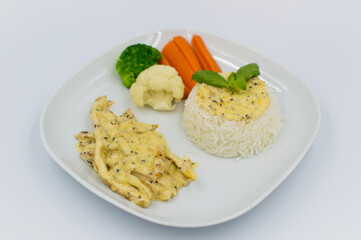 Chicken stroganoffwith rice and vegetables