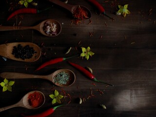 herbs and spices on wooden background