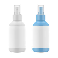 White mockup of plastic matte bottle. Blank packaging - spray for cosmetics, air scavenger, deodorant. Vector EPS 10.