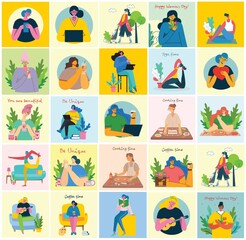 Fototapeta premium Women activities backgrounds. Women doing yoga, cooking, reading and working concept in the flat style