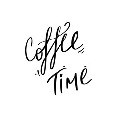 Cute kawaii hand lettering black coffee time isolated. Doodle contour digital art. Print for highlights social media post, sticker, tattoo, fabric, clothes, stationery, menu, cafe