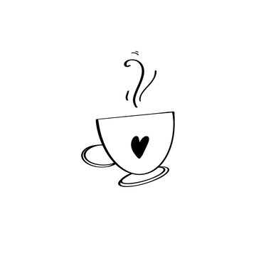 Cute kawaii hand drawn tea coffee mug heart isolated on white. Doodle contour digital art. Print for highlights social media post, sticker, tattoo, fabric, clothes, stationery, menu, cafe