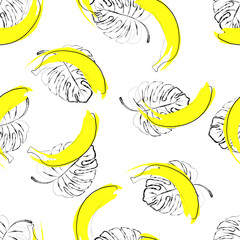 Yellow bananas on black and white monstera leaf. Seamless pattern.