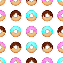 Beautiful Seamless Pattern With Many Glazed Donuts. Modern Design Template. Cute Sweet Tasty Donuts In Multicolored Glaze. Trendy Textile, Fabric, Wrapping. Cartoon Flat Style. Vector Illustration