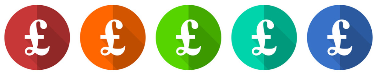 Pound icon set, red, blue, green and orange flat design web buttons isolated on white background, vector illustration