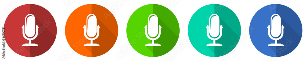 Poster microphone icon set, red, blue, green and orange flat design web buttons isolated on white backgroun