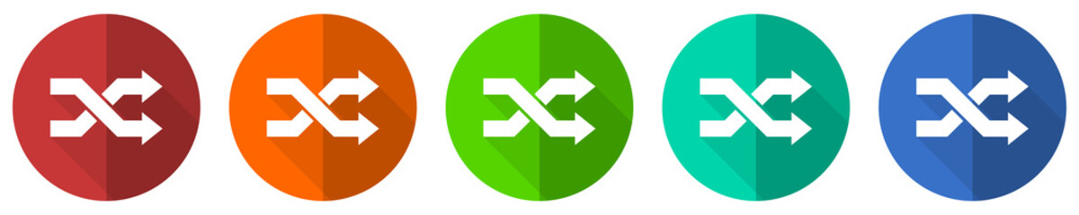 Aleatory icon set, red, blue, green and orange flat design web buttons isolated on white background, vector illustration