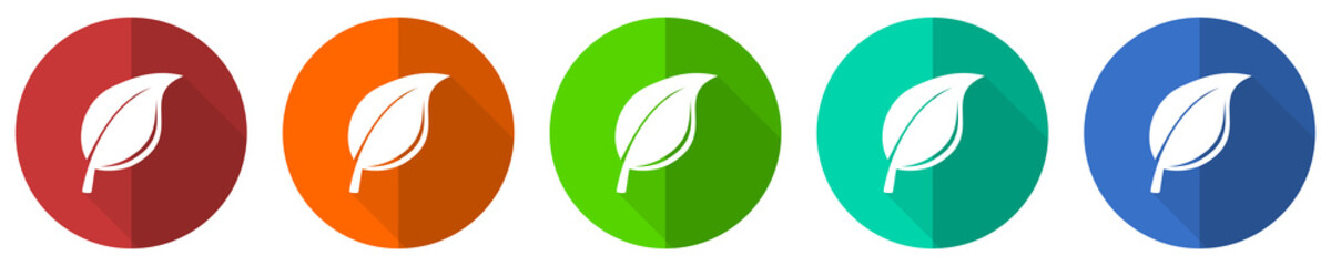 Nature icon set, red, blue, green and orange flat design web buttons isolated on white background, vector illustration