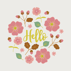 Floral greeting card with wild roses, acorns, oak leaves