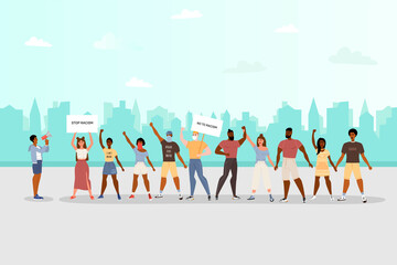 Concept on the theme of racism. Stop racism. The image of protesting people, equality. Black lives matter. Vector stock illustration. Isolated on a white background. Flat style.