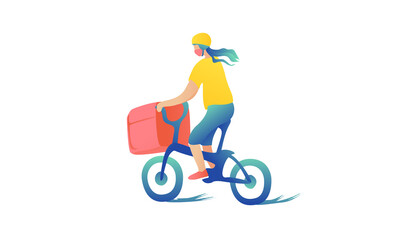 A young girl in a helmet with a thermal bag on a bicycle. Delivery concept in motion. A woman rides fast with an order.