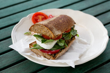 Italian bruschetta made with whole grain bread, buffalo mozzarella, sliced tomatoes and basil on a white plate on green wooden table outdoors.