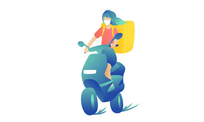 Young beautiful girl rides a scooter with a thermal bag. A woman carries an order against the white background. Fast delivery concept.  