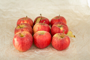 Freshly harvested red apples on craft paper background. Local farmers produce.