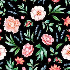 Seamless pattern with watercolor plants and flowers