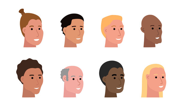 Set of smiling faces of man of various ethnicity and with different skin tone and haircuts, heads of male characters isolated on white, human faces vector illustrations in flat art style