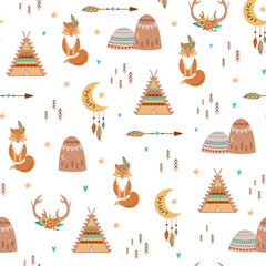 Tribal kids pattern Teepee, Arrow, Feathers, Moon, Fox, aztec mountains, deer horns, flowers. Cute baby boho background. © Tani Kuzminka