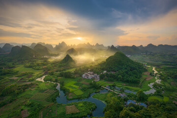 Landscape of Guilin, Li River and Karst mountains. Located near Yangshuo County, Guilin City, Guangxi Province, China. Green nature background picture, panoramic picture.