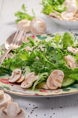 Vitamin salad of cucumbers, green salad and raw mushrooms.