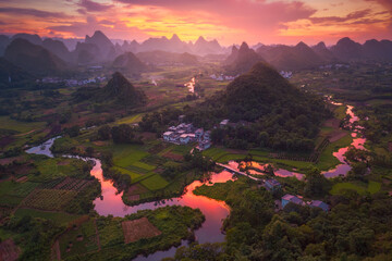 The natural scenery of Guilin, China, the amazing sunrise and sunset landscape.