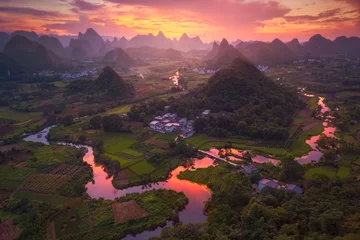 Door stickers Guilin The natural scenery of Guilin, China, the amazing sunrise and sunset landscape.