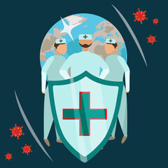 Victory corona. STOP Coronavirus. Doctors have stopped the development of the virus all over the planet. End of novel corona virus. Corona vaccine concept. Vector Illustration for banner, poster. 