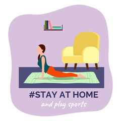 Stay at home and play sports. Quarantine self-isolation at home. Woman make sport exercises, training to music. Energy of body, good mood. Yoga concept of starting new life during quarantine isolation