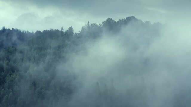 Aerial flight deep inside clouds high above mountain tops. Misty mountain scenery with forest and a dense fog all around. The water cycle concept.