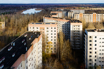 View from roof of 16-storied apartment house in Pripyat town, Chernobyl Nuclear Power Plant Zone of...