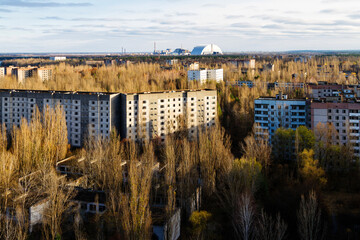 View from roof of 16-storied apartment house in Pripyat town, Chernobyl Nuclear Power Plant Zone of...