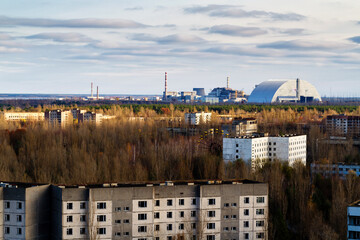 View from roof of 16-storied apartment house in Pripyat town, Chernobyl Nuclear Power Plant Zone of...