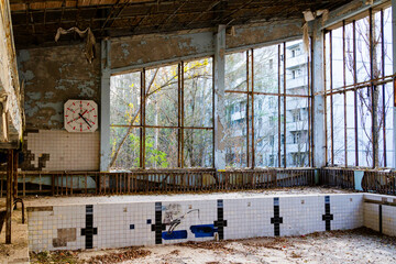 Abandoned swimming pool in Pripyat, Chernobyl exclusion zone. Ukraine