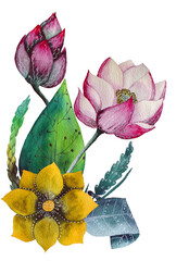 Watercolor composition of lotus, leaves and other plants