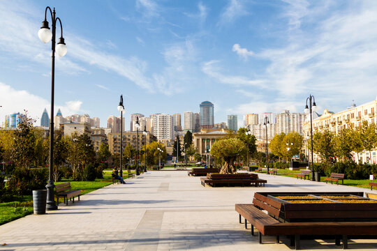 BAKU, AZERBAIJAN - NOVEMBER 14, 2016: View of Fuzuli street and Qis park in Baku, the capital of Azerbaijan