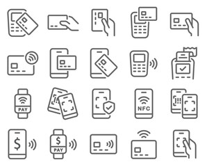 Contactless cashless society icon set vector illustration. Contains such icon as Scan QR code, NFC, Credit Card, Barcode, POS, Security Protection, and more. Expanded Stroke