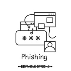 Phishing icon. Password and user account stealing hacker attack linear pictogram. Concept of internet security, site cloning, account and information stealing. Editable stroke vector illustration