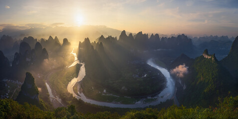 Landscape of Guilin, Li River and Karst mountains. Located near The Ancient Town of Xingping, Yangshuo, Guilin, Guangxi, China.