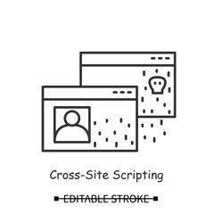 Malicious webpage icon.Cross site scripting hacker hacker attack linear pictogram. Concept of cyber security, web site browsing and user private information safety. Editable stroke vector illustration