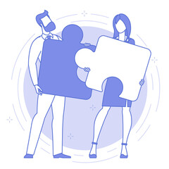 Thin line blue icon teamwork concept. People carrying and connecting puzzle pieces. Flat design trendy style effective business solution vector web banner template, line art.