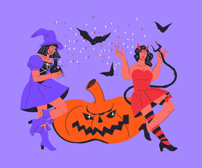 Halloween card or poster template with sexy devil and witch girl in holiday costumes near an orange pumpkin. Demon woman and magician girl for halloween party invitations, flat vector illustration.