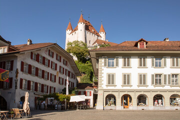 Fototapeta premium Main square in Thun old city, castle on the hill, facades of buildings. Switzerland.