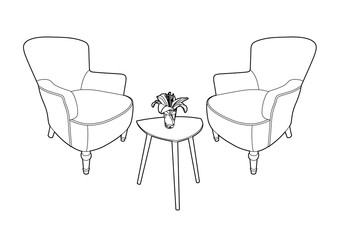 Drawing of two armchairs in front of a small table