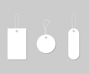 Set white tags and labels for sale, mockup frames. Blank template shopping labels. Paper blank, discount and price tags. Special offer. Gift tags in different shapes. Set of labels with ribbon. Vector
