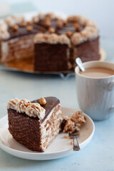 Daquoise meringue cake with almond, hazelnut, chocolate ganashe and marzipan