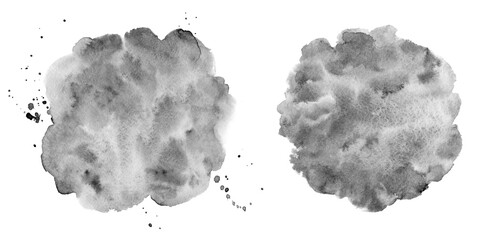 Grey, gray, black and white watercolor circles, round shapes set. Ink, watercolour stains hand drawn painted banner templates. Uneven deckled edge. Graphic design elements collection, text background.