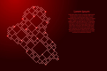 Obraz premium Iraq map from red pattern from a grid of squares of different sizes and glowing space stars. Vector illustration.
