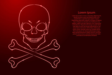 Skull human with crossbones, sign of danger to life, from the contour classic red color brush lines different thickness and glowing stars. Vector illustration.