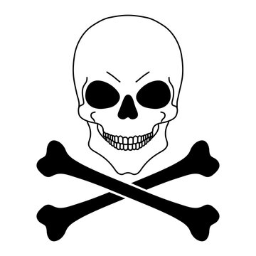 Skull human with black eye sockets and crossbones, sign of danger to life. Vector illustration.