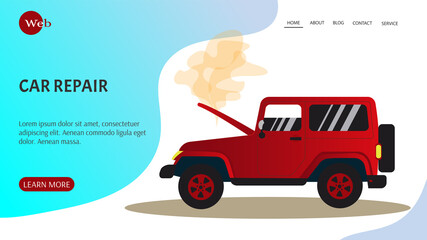 Web page design template for car repair. Broken car, Car repair concept. Vector illustration. 