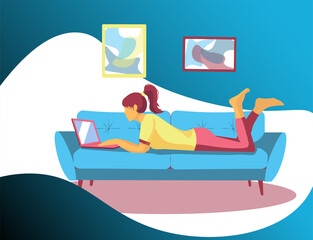 Girl with laptop lying on the sofa. Distance education, work, consulting, language courses concept. Isolated vector illustration.
